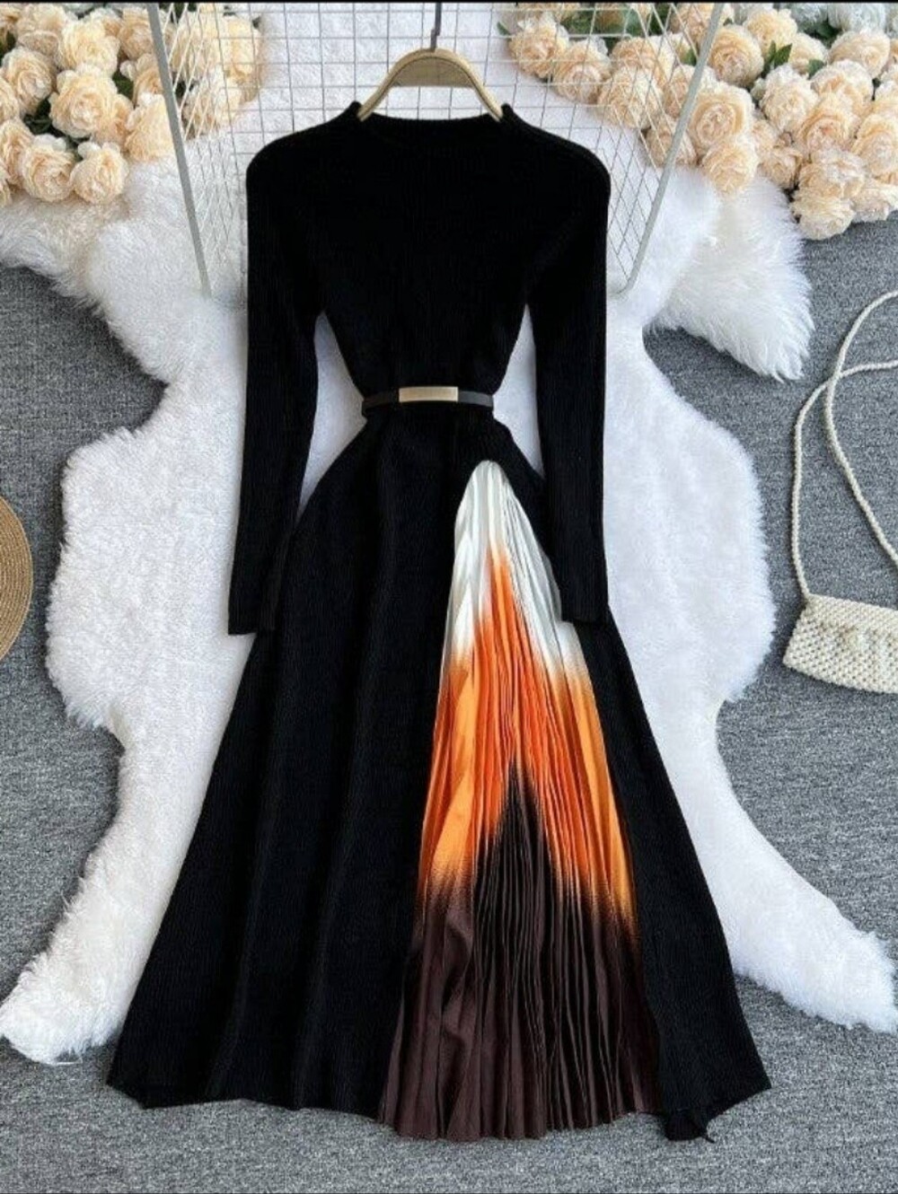 Black Long-Sleeve Midi Dress with Orange Gradient Pleat